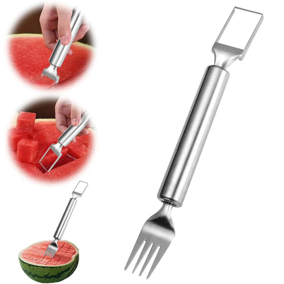 2-in-1 Stainless Steel Fruit Cutter,Dual Head Watermelon Fork Cutter Slicer Tool For Home Kitchen Gadget Melon Cube Cutter